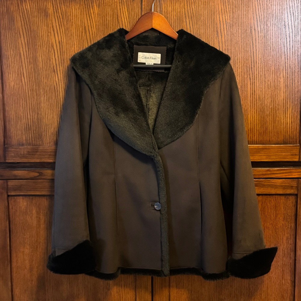 Calvin Klein Faux Suede + Fur Coat Small Brown Mob Wife Winter Chic Quiet Luxury